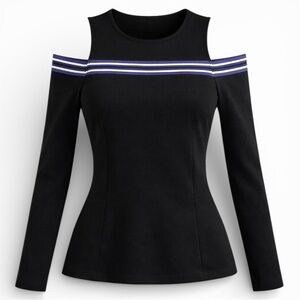 Karen Millen Cold Shoulder Top Black Striped Slim Fit Long Sleeve US 10